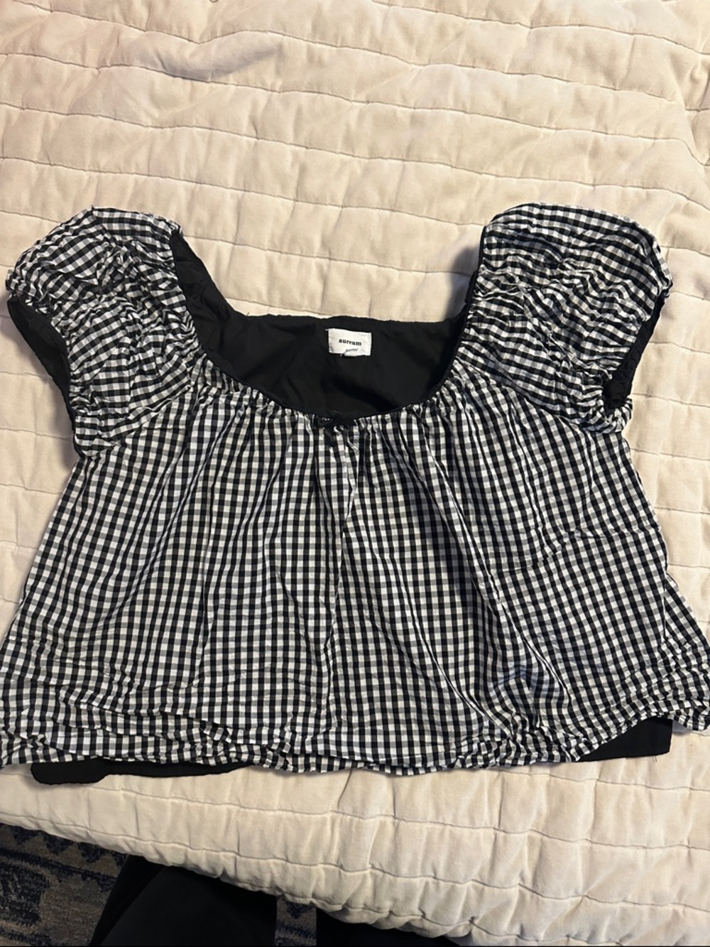 Gingham Puff-Sleeve Top - Black/White